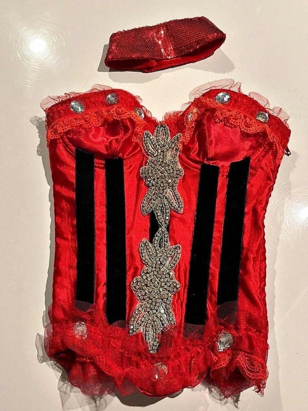 Halloween Costume ๐๐ฅRed & Black Lace-Up Corset with Sequin Choker